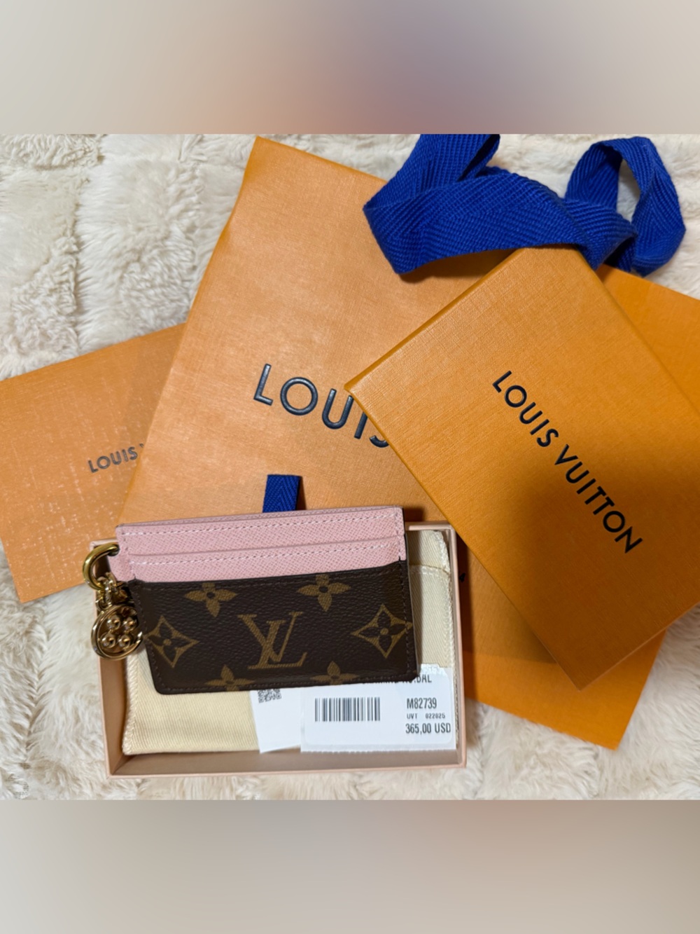 Louis Vuitton Brown Monogram Card Pouch with Pink Trim and Gold Charm-authentic